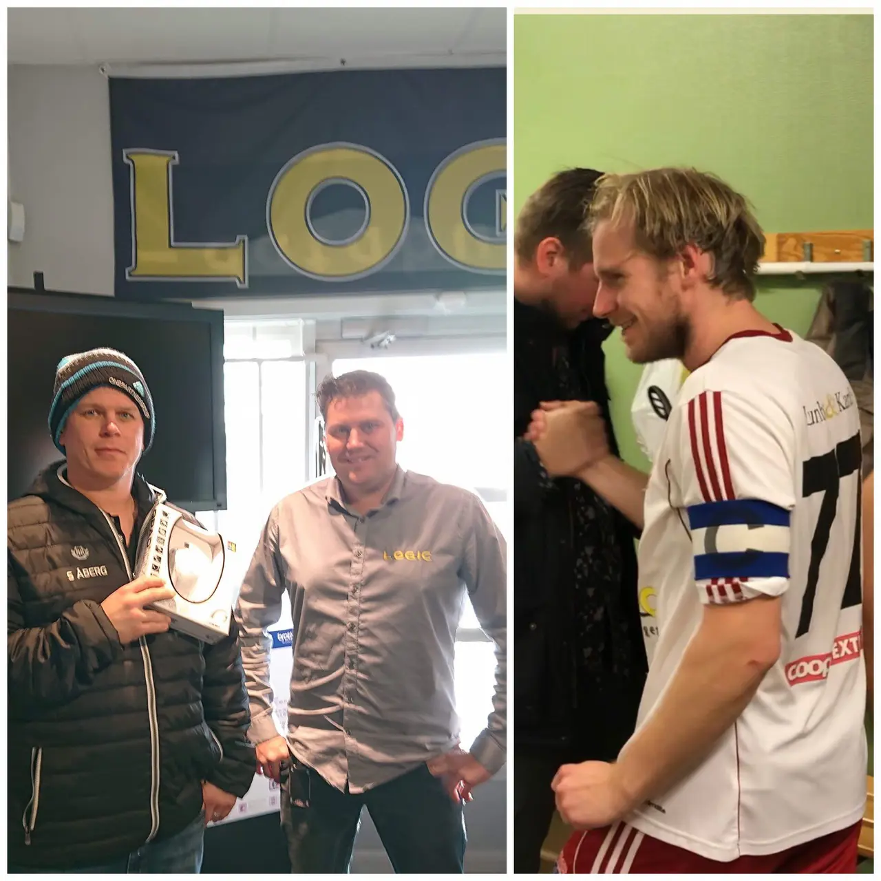 T.v. Matchens lirare, Sebbe, hämtar ut sitt pris på Logic i Skara.