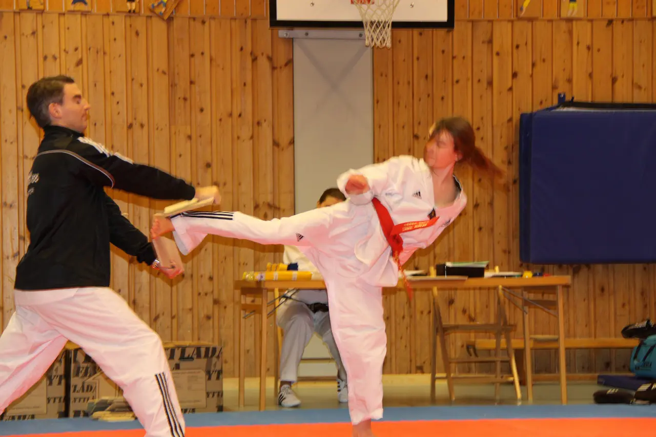 Emma krossar med Yop chagi (sidspark) för gradering till 3 Gup.