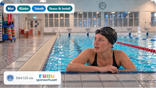 Illustrativ, AI-bearbetad bild av en simmare i Ljungby simhall med information om att stötta LSS via Sponsorhuset