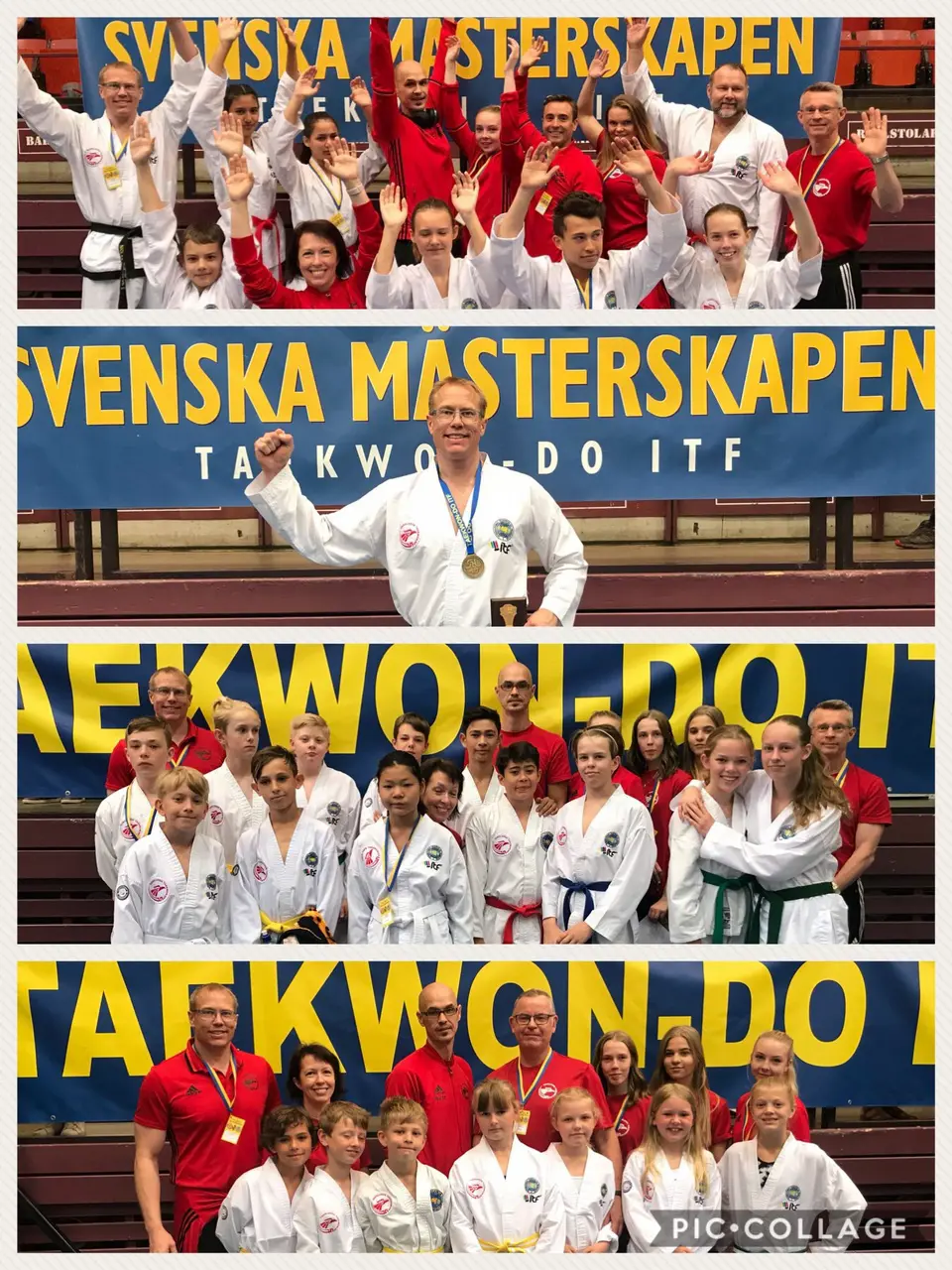 Överst de tävlande SM och Svenska Taekwon-Do Ligan 3, bild 2: En lycklig nybliven svensk mästare i kross, bild 3: förmiddagsgänget Talent Open, bild 4: eftermiddagsgänget Talent Open