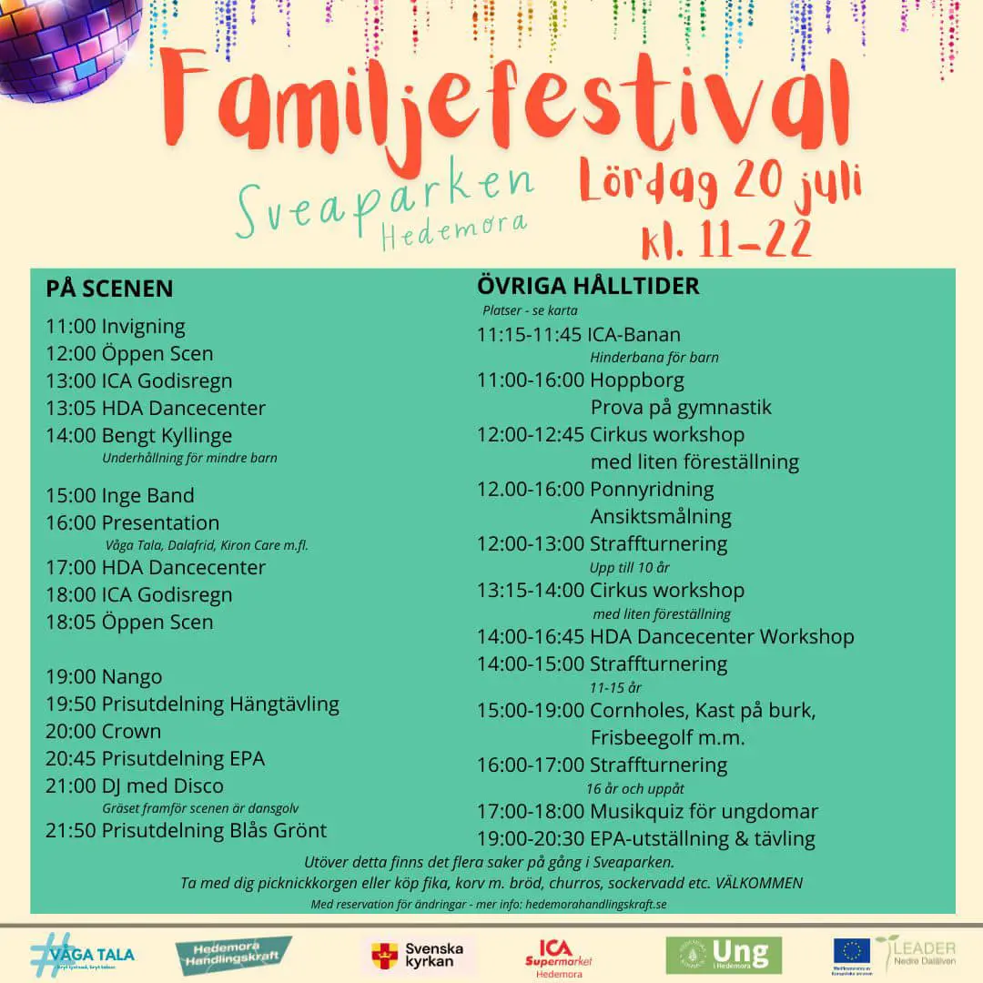 Schema för familjefestivalen i Sveparken den 20 juli 2024.