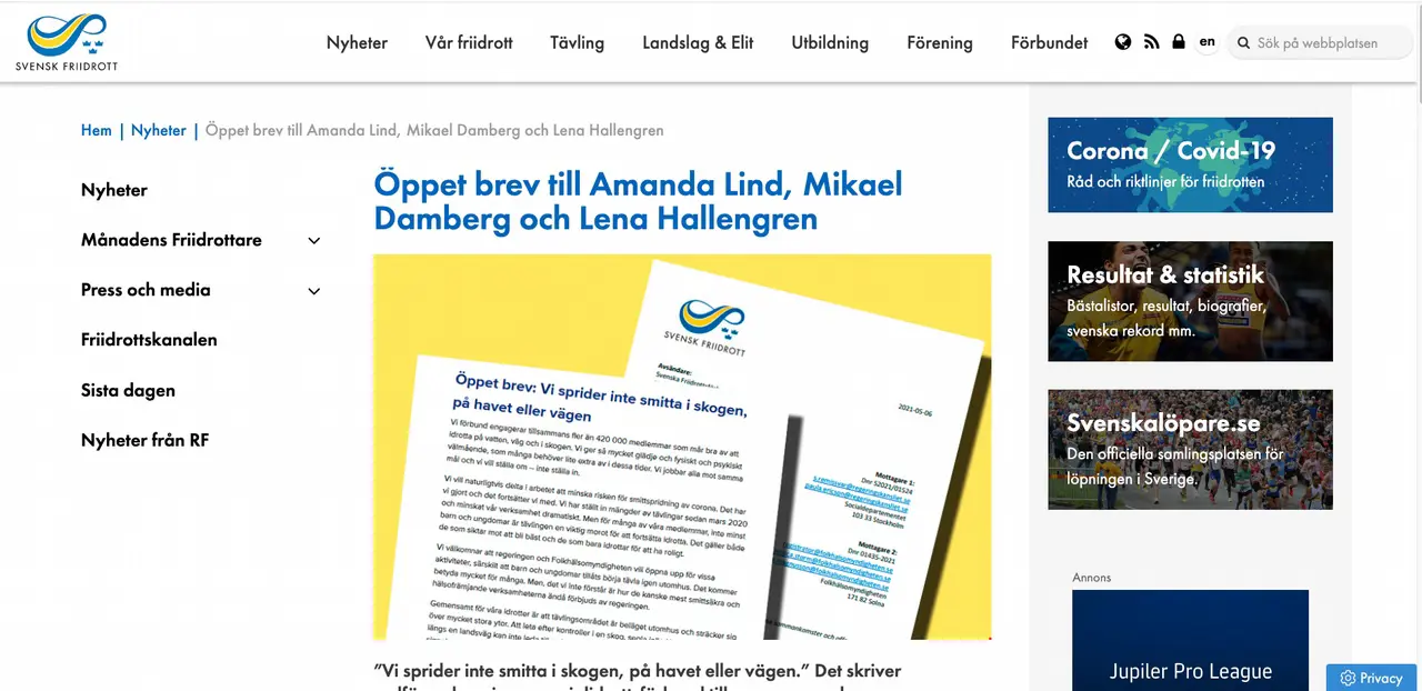 Brevet till ministrarna finns bland annat publicerat på Svensk friidrotts webbplats