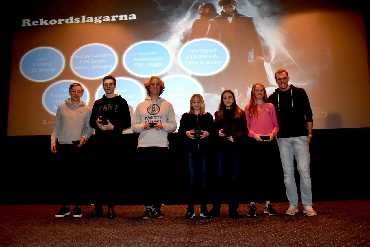 Sex av sju rekordslagare: David, Riobin, Gustav, ida, Tyra och Nike. Plus prisutdelaren Fredrick Ekholm som själv satte klubbrekord på 60mh inne och 110mh ute. Saknas på bilden gör Lisa och Victor.