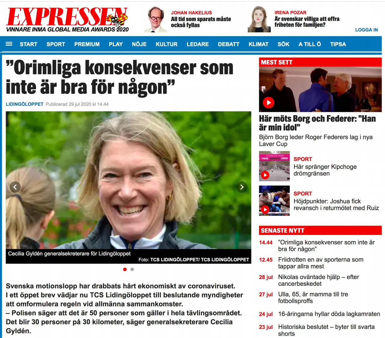 Ur Expressens nätupplaga onsdag 29 juli 2020