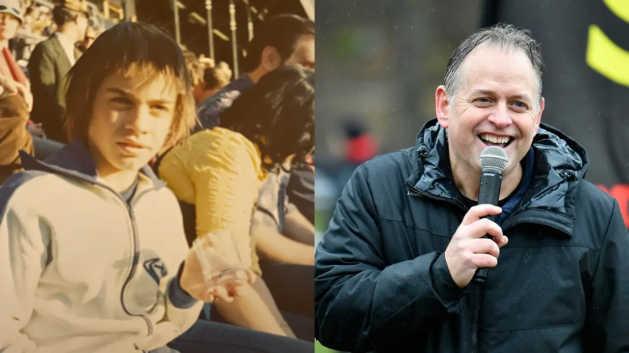 Det är några år mellan bilderna. 1975 på Stadion efter ett 1500m-lopp och 2021 som speaker på Nordiska mästerskapen i terräng. Foto Gustav Åkerblom och DECA Text & Bild