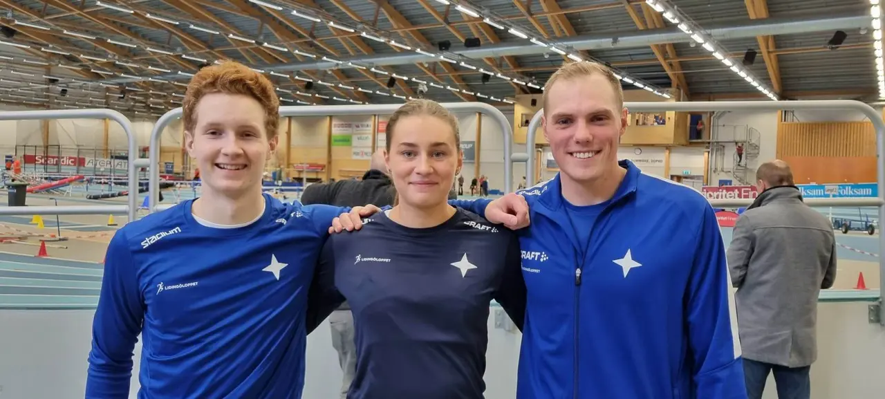 Anton Hellstrand (sexa P19), Alice Lindgren (fyra F19) och Fredrick Ekholm (sexa MS) utgjorde IFK-truppen i SM i mångkamp. Foto: Lotta Hellstrand