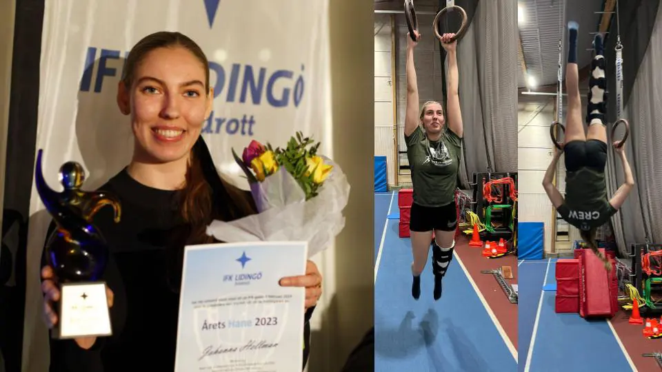 Med ett för ett par timmar sedan nyopererat knä kom Johanna Hellman till IFK-galan och fick ta emot priser. Foto: Christer Klinth. En vecka senare tränar hon för fullt i Sätra. Foto: Janne Åkerblom