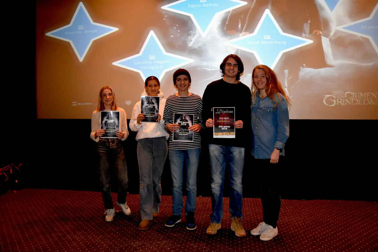 Amanda, Caroline, Edvin och Malex fick pris av Anna Silvander. Saknas på bilden gör Emil och Jenny.
