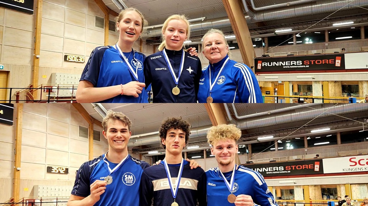 Prispallarna i längd utan ansats: Matilda Breitung, Sofia Fröberg och Spårvägens Raili Laamrani, samt Malte Fuchs Edbergs, Adam Svenningsson och Spårvägens Oliver Ericsson