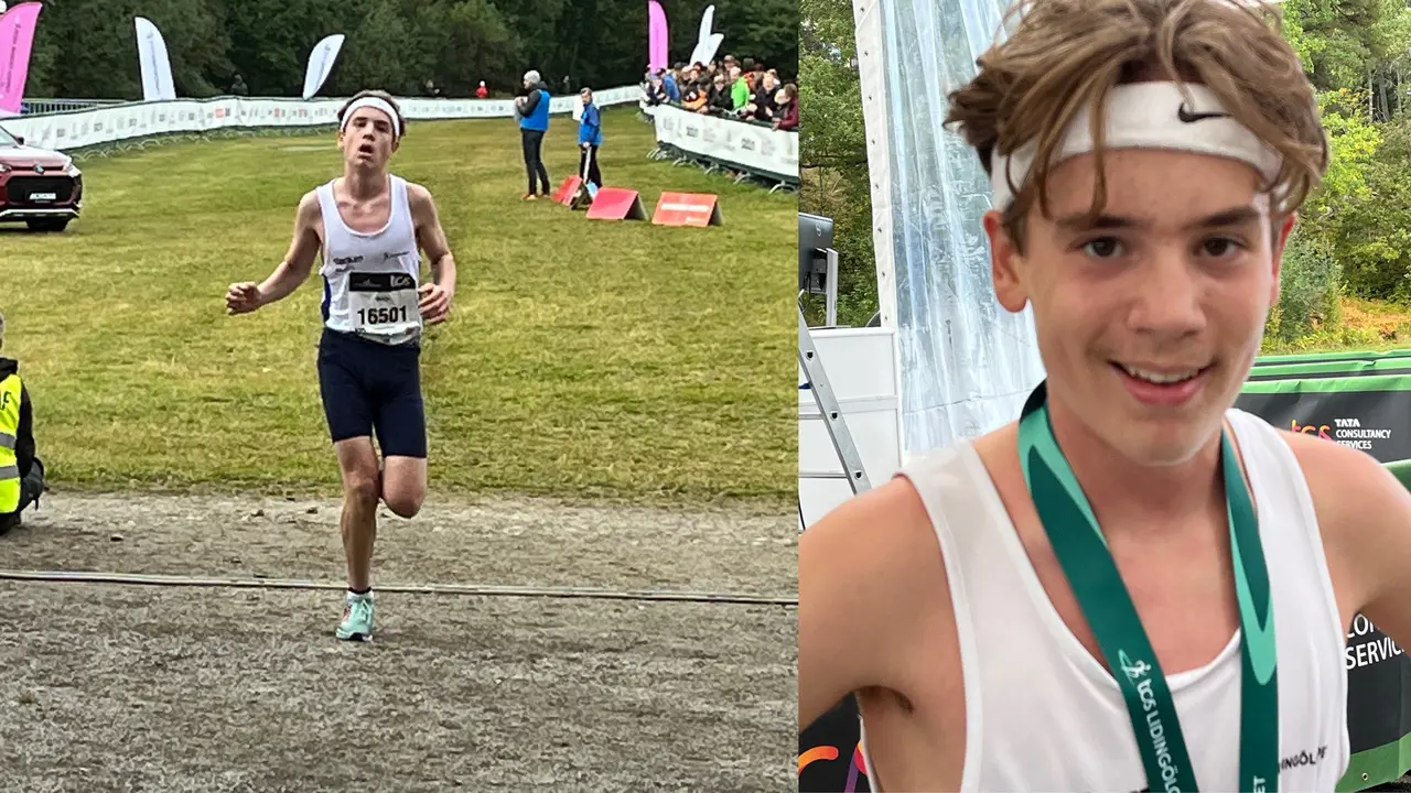 Sebastian Lörstad korsar mållinjen och smajlar efter segen i P14. Foto: Janne Åkerblom