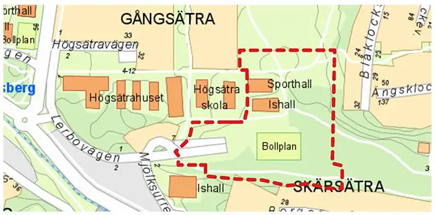 Högsätra idrottsområde med röd markering på platsen för nyetableringar.