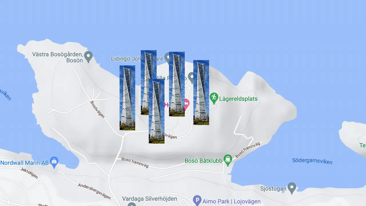 Ungefärliga placeringar för de fem nya skyskraporna som planeras på Bosön.