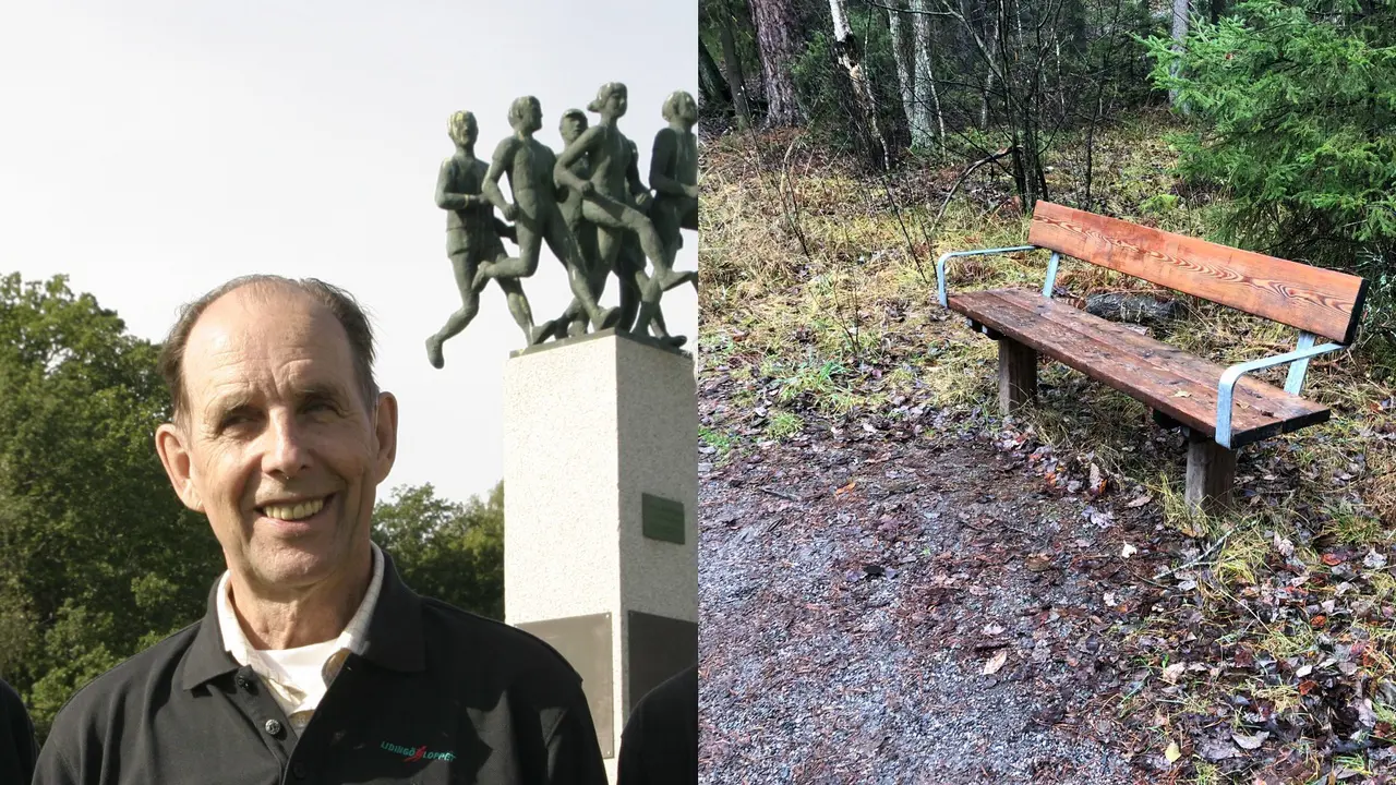 Sven Gärderud till vänster och Sven Gärderuds bänk till höger. Foto: Lidingöloppet och Janne Åkerblom