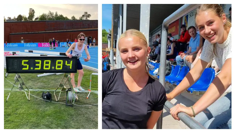 Sebastian och Tove var två klubbrekordslående IFKare under SAYO. Här är Sebbe med rekordtiden och till höger Tove där hon delar glädjen över klubbrekordet med en påhejande Alice Lindgren.