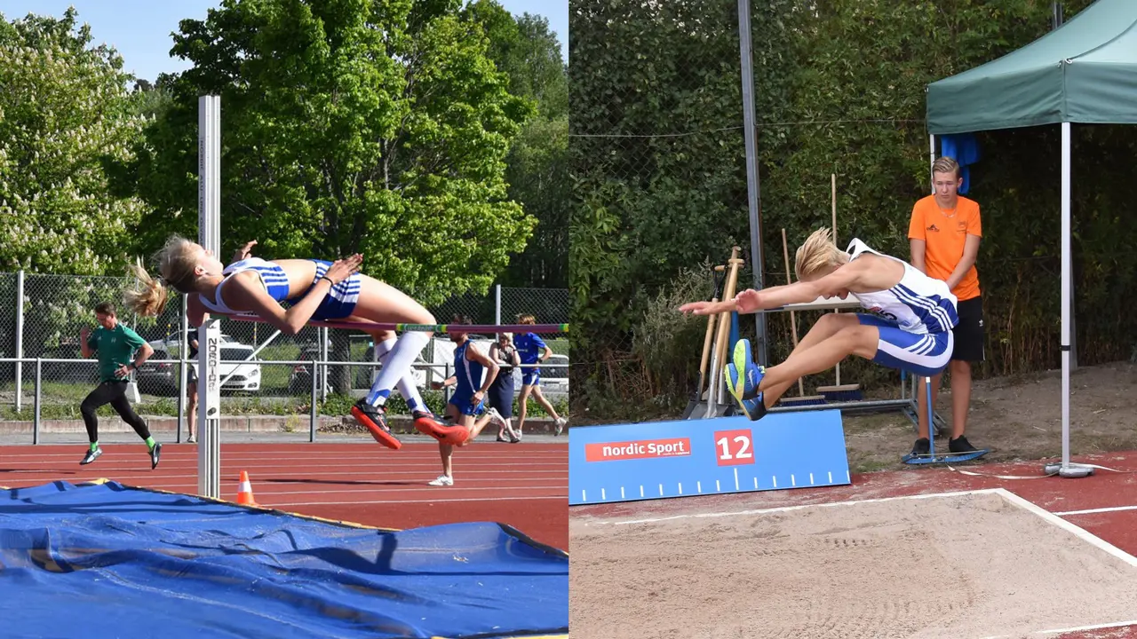 Karin Boestad och David Århammar var båda fyror under JSM hopp i Kristinehamn. Det var så nära medalj vi kom. Arkivbilder från 2018 (klubbmatch på Sätra och USM på Enskede – foto: Victor Björk)