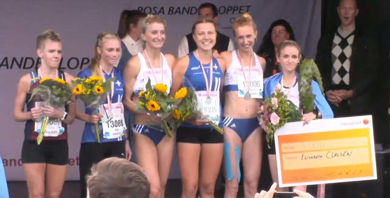 Cecilia Kleist (Akele), Ebba Ganslandt, Sofia Öberg, Emma Bjessmo, Rebecka Öberg och Eliabeth Clausén (Tväråselets AIF). Bild från Lidingöloppets webbsändning.