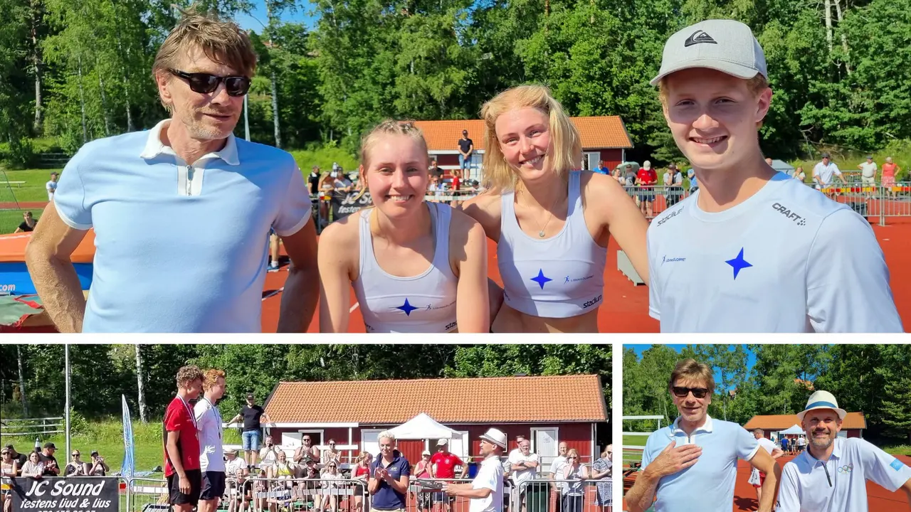 Coach Peder och tre höjdhoppare (Karin, Linda och Anton). Plus en hattbeprydd tidigare olympisk guldmedaljör som prisutdelare. Foto: Lotta Hellstrand