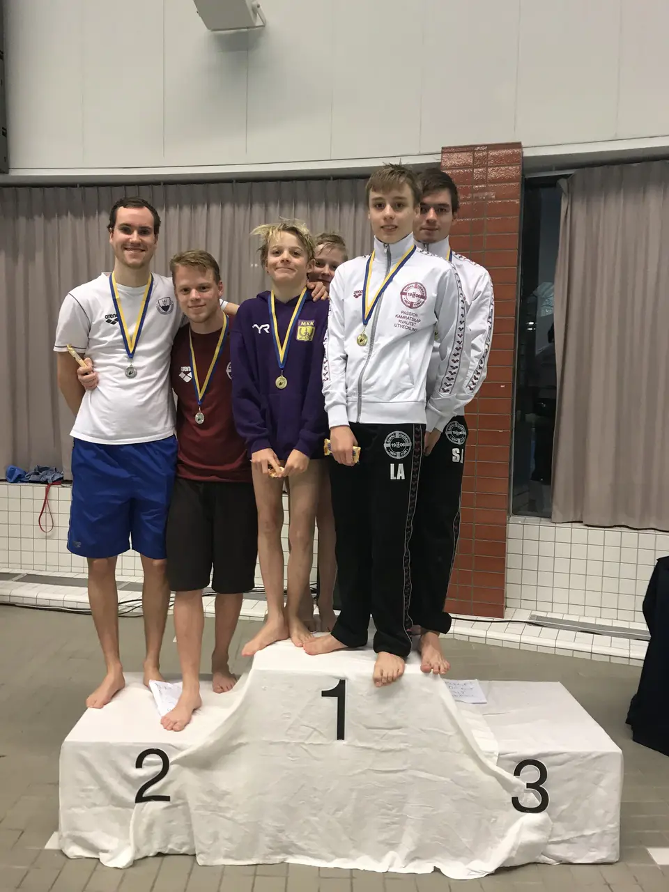 Prispallen efter herrarna och pojkarnas 3m syncro. Kirill och Stefan på andraplatsen