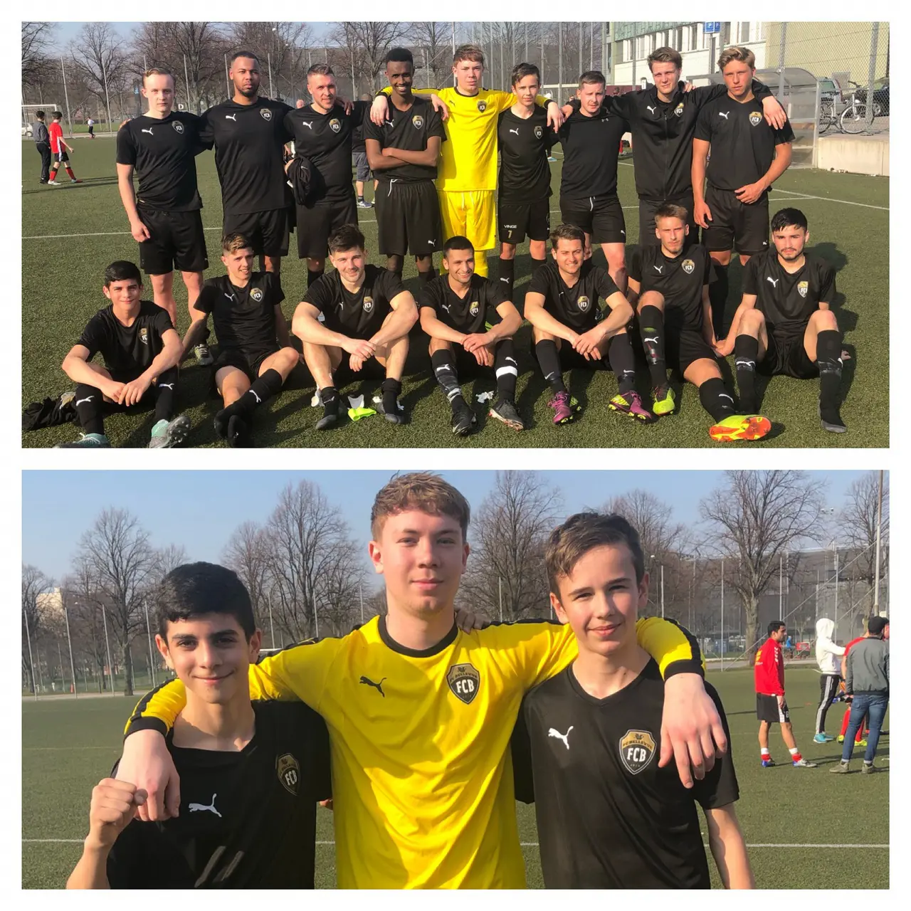 Team Bellevue i premiären mot Lindeborg. På nedre bilden flankeras FCBs grundare och målis för dagen Leo Pauckstadt Söderström av de 13 åriga debuterande supertalangerna Marko Gavran och Juan Sulaiman