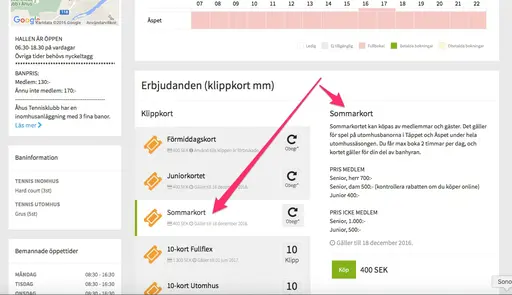 Klicka på anläggningar och välj sedan klippkort sommarkort