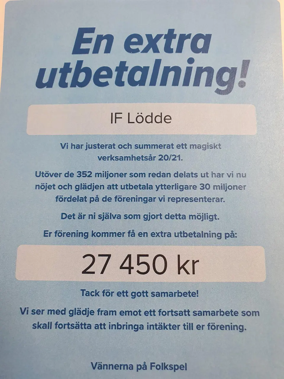 Stort tack till alla er som köpte bingolotter av IF Lödde under 2020/2021.